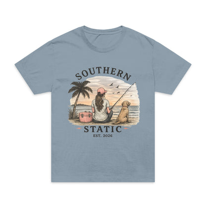 Girl’s Southern Static Fishing T-Shirt — Vintage Beach Sunset Tee (Est. 2013)