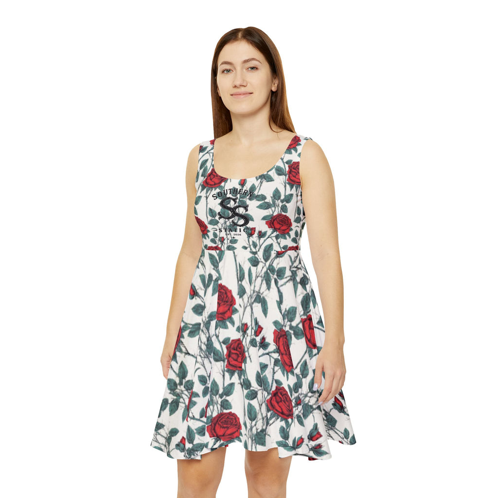 Floral Rose Skater Dress — Red Rose All-Over Print Women's Dress