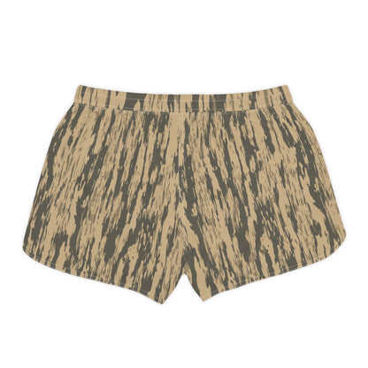 Women’s Casual Shorts — Beige Camo Tiger Stripe Print with 'SS' Logo