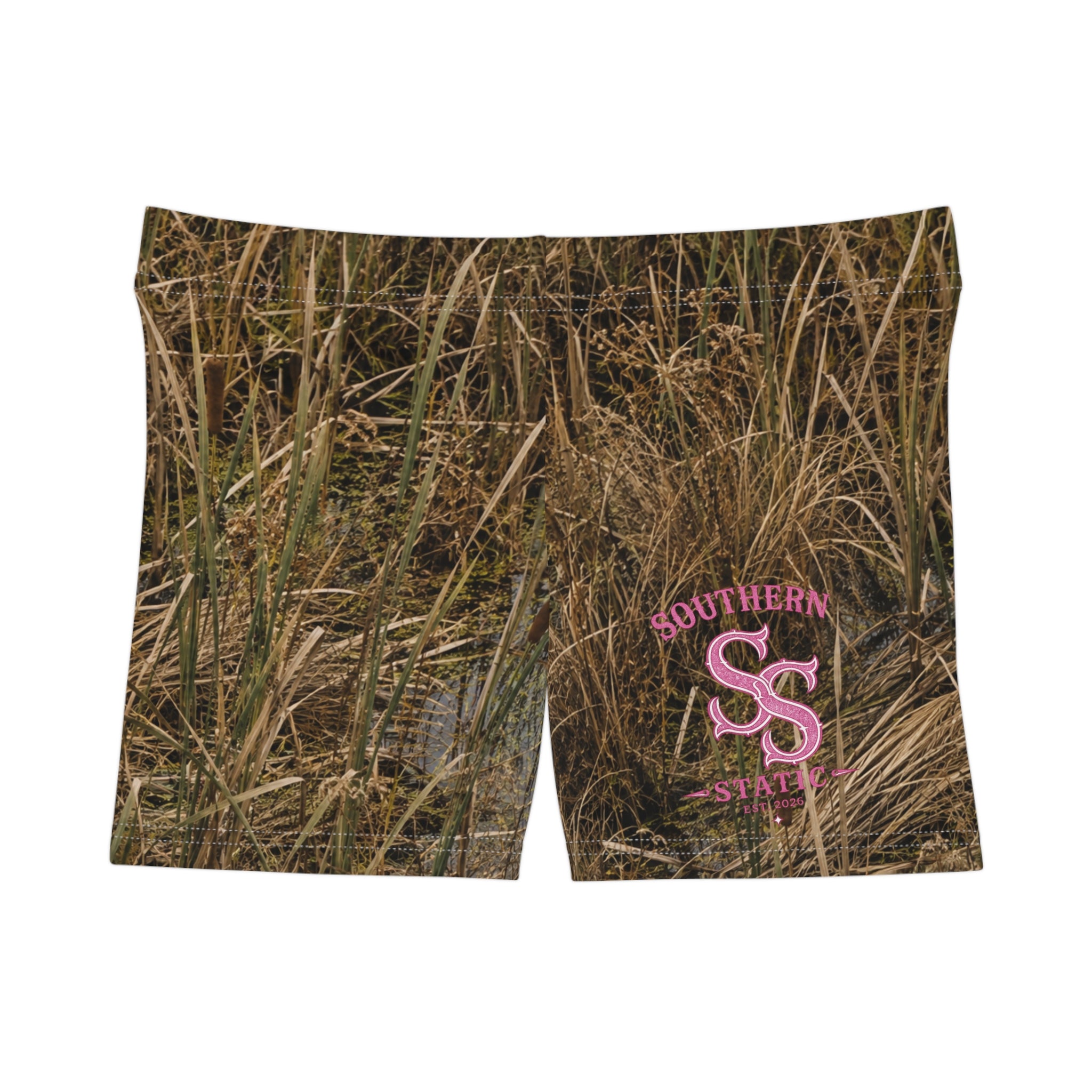 Camo Grass Women's Shorts — Southern Static Pink Logo Activewear