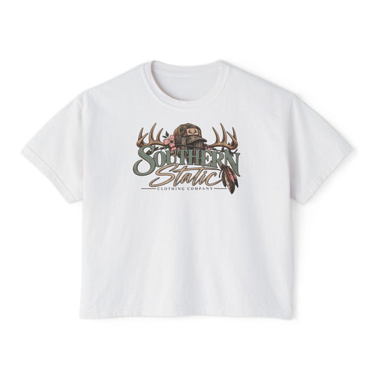 Southern Static Boxy Tee — Outdoorsy Women's Graphic T-Shirt (Antlers & Cap Design)