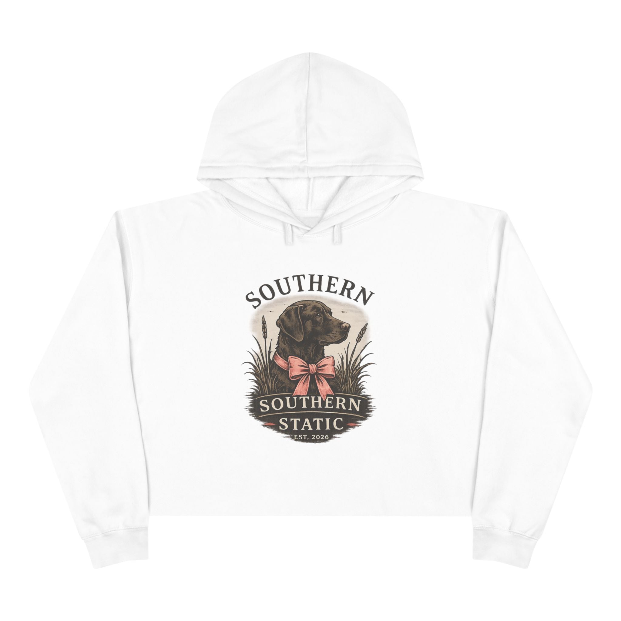 Southern Static Dog Crop Hoodie — Vintage Black Lab Graphic Cropped Hoodie