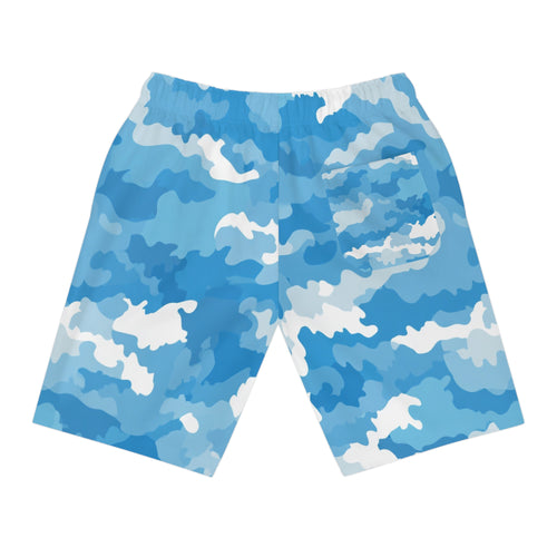 Blue Camo Athletic Long Shorts — Half-Print Performance Shorts