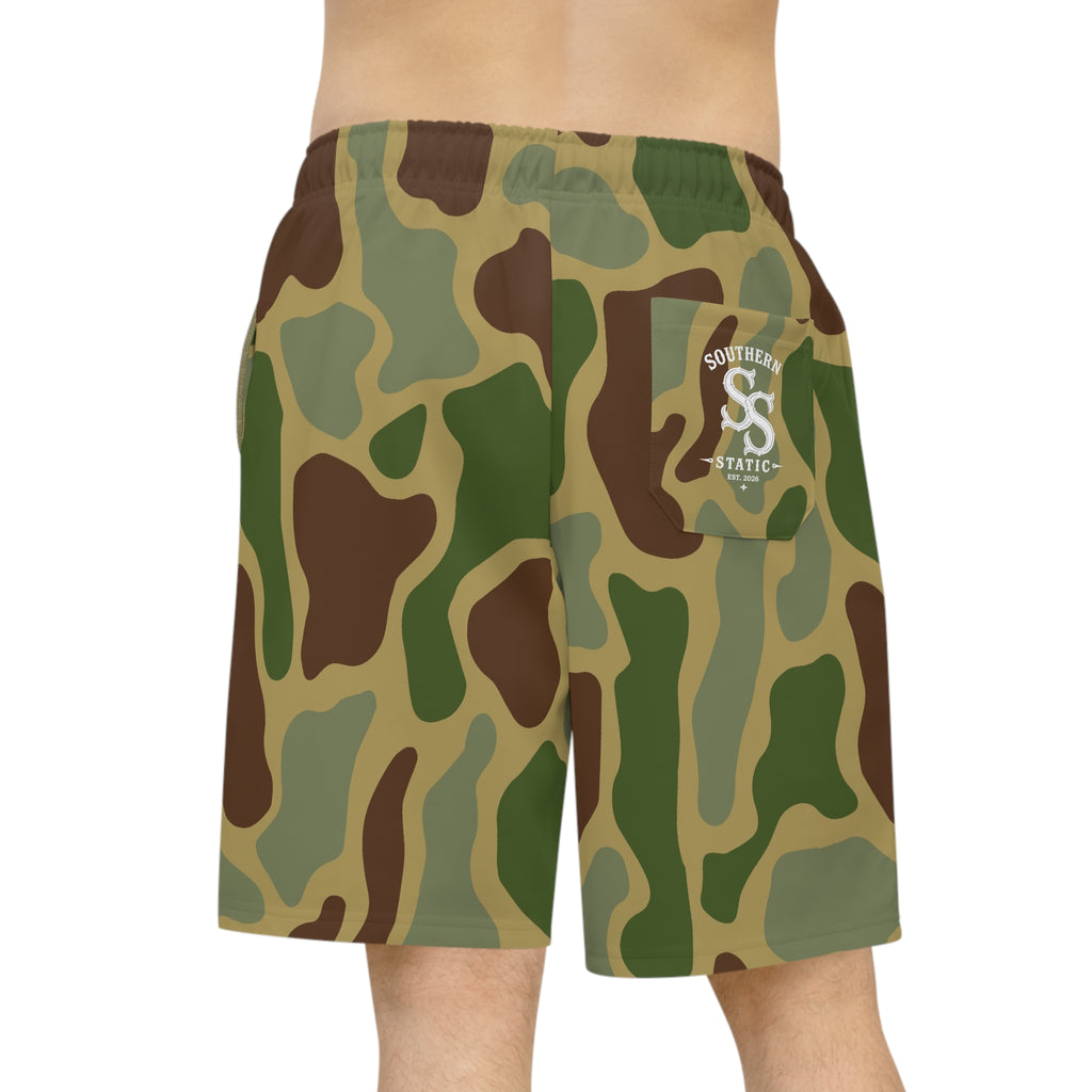 Camo Athletic Long Shorts — Green Woodland Camouflage Performance Shorts