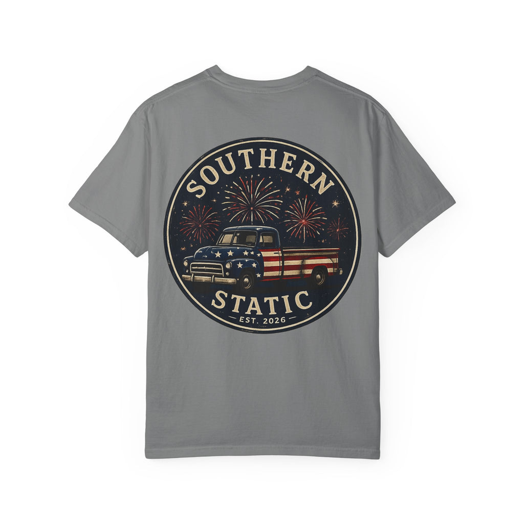 Men’s Southern Static Vintage Truck T-Shirt — Patriotic Fireworks Graphic Tee