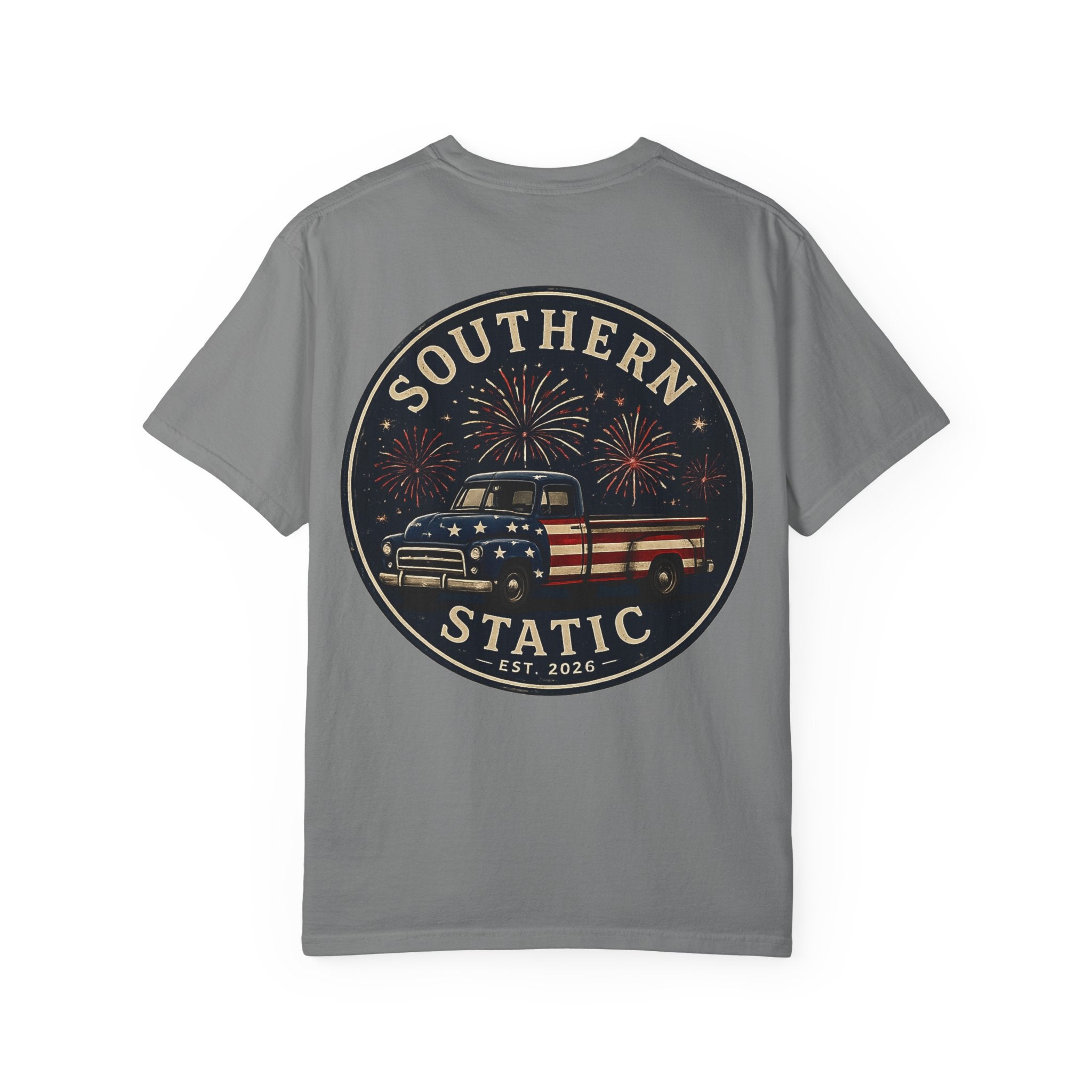 Men’s Southern Static Vintage Truck T-Shirt — Patriotic Fireworks Graphic Tee