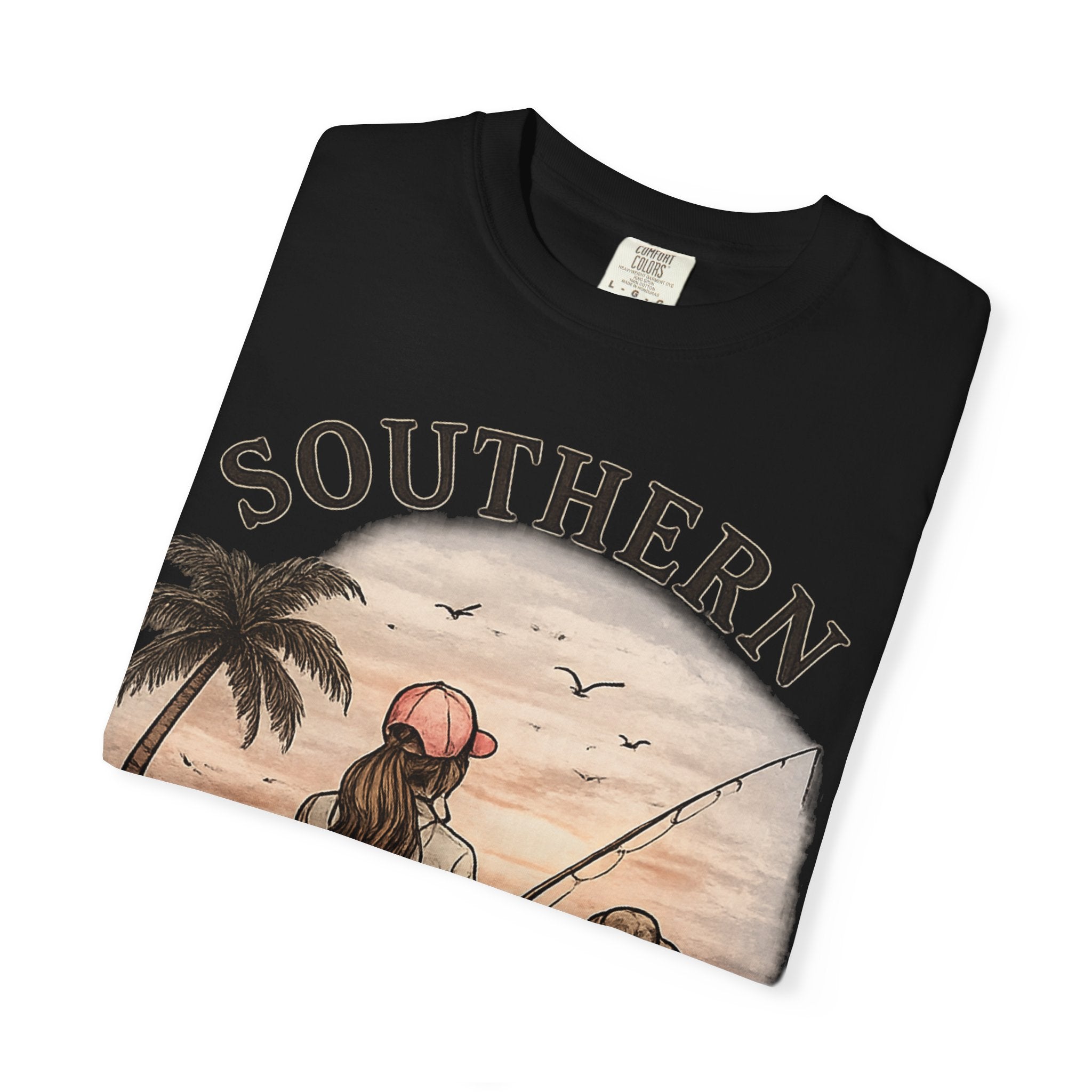 Southern Static Fishing T-Shirt — Woman & Dog Beach Sunset Tee