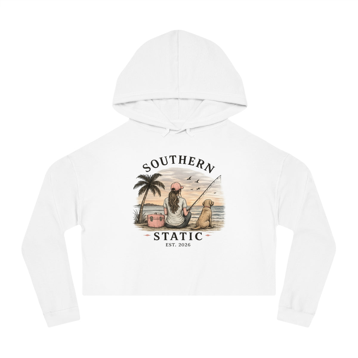 Southern Static Cropped Hoodie – Coastal Sunset Graphic