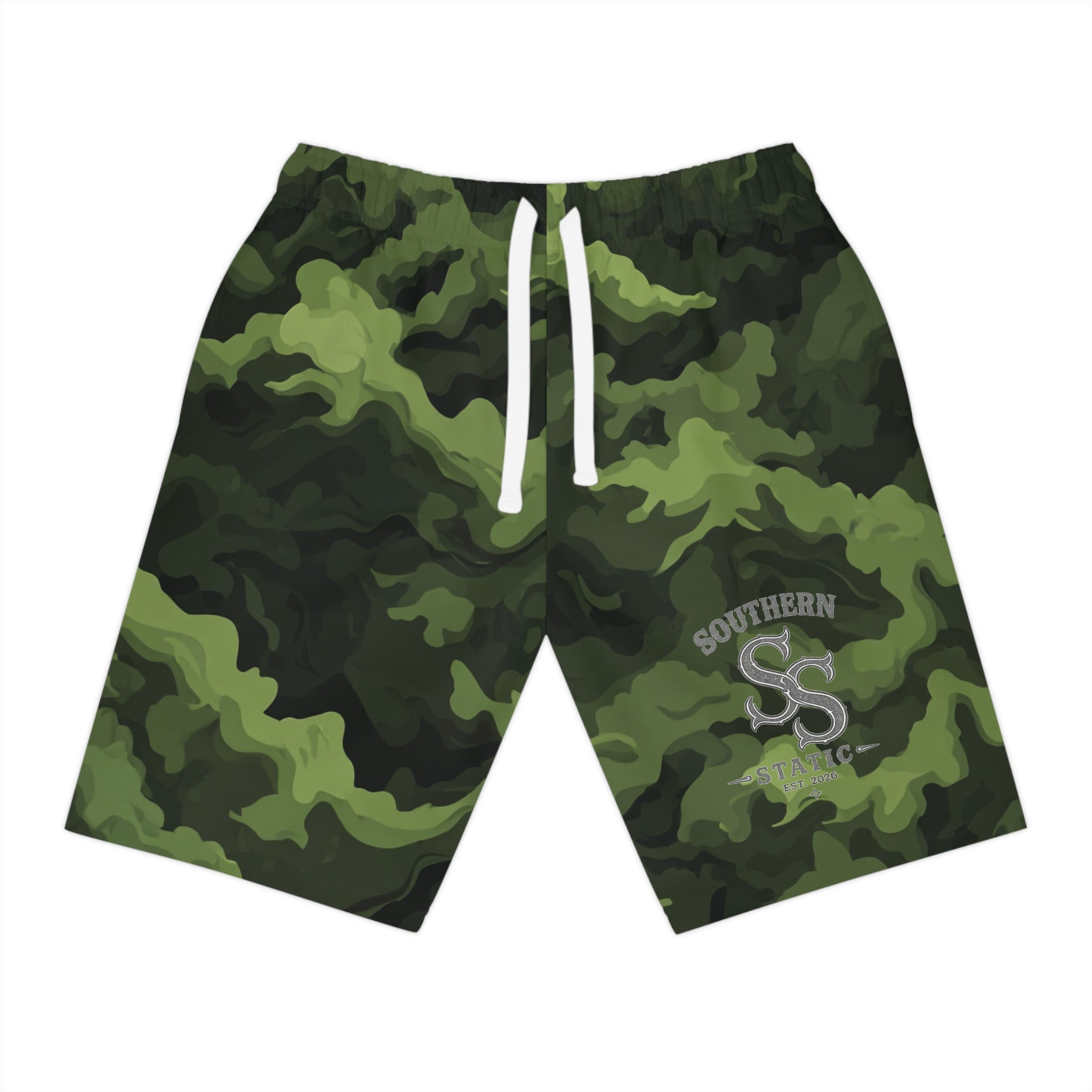 Camo Athletic Long Shorts — Green Urban Camouflage Gym & Casual Swim Trunks