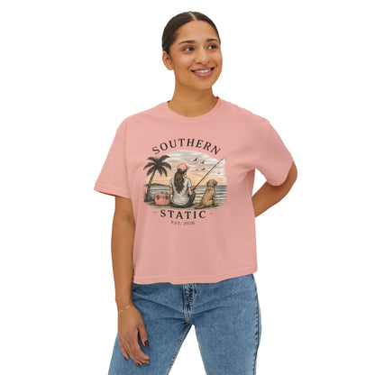 Southern Static Fishing Boxy Tee — Women's Beach Sunset Graphic T-Shirt