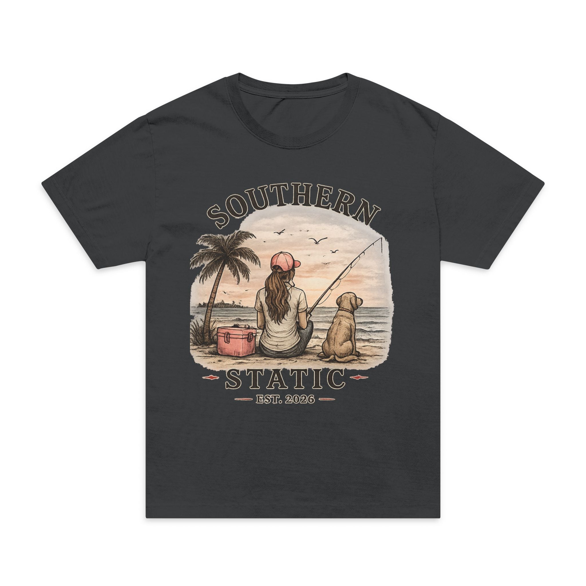 Girl’s Southern Static Fishing T-Shirt — Vintage Beach Sunset Tee (Est. 2013)