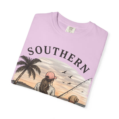 Southern Static Fishing T-Shirt — Woman & Dog Beach Sunset Tee