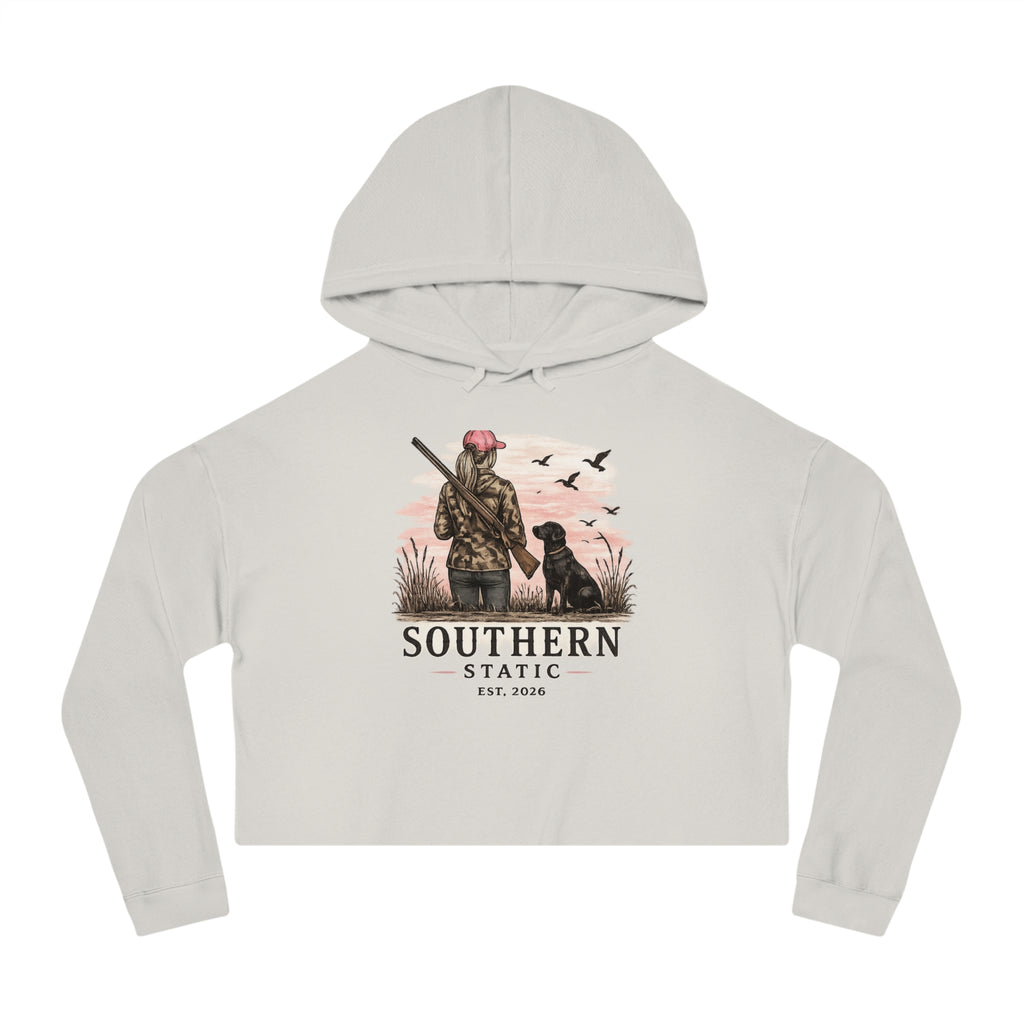 Cropped Hoodie — Southern Static Duck Hunter Graphic (Woman & Dog)