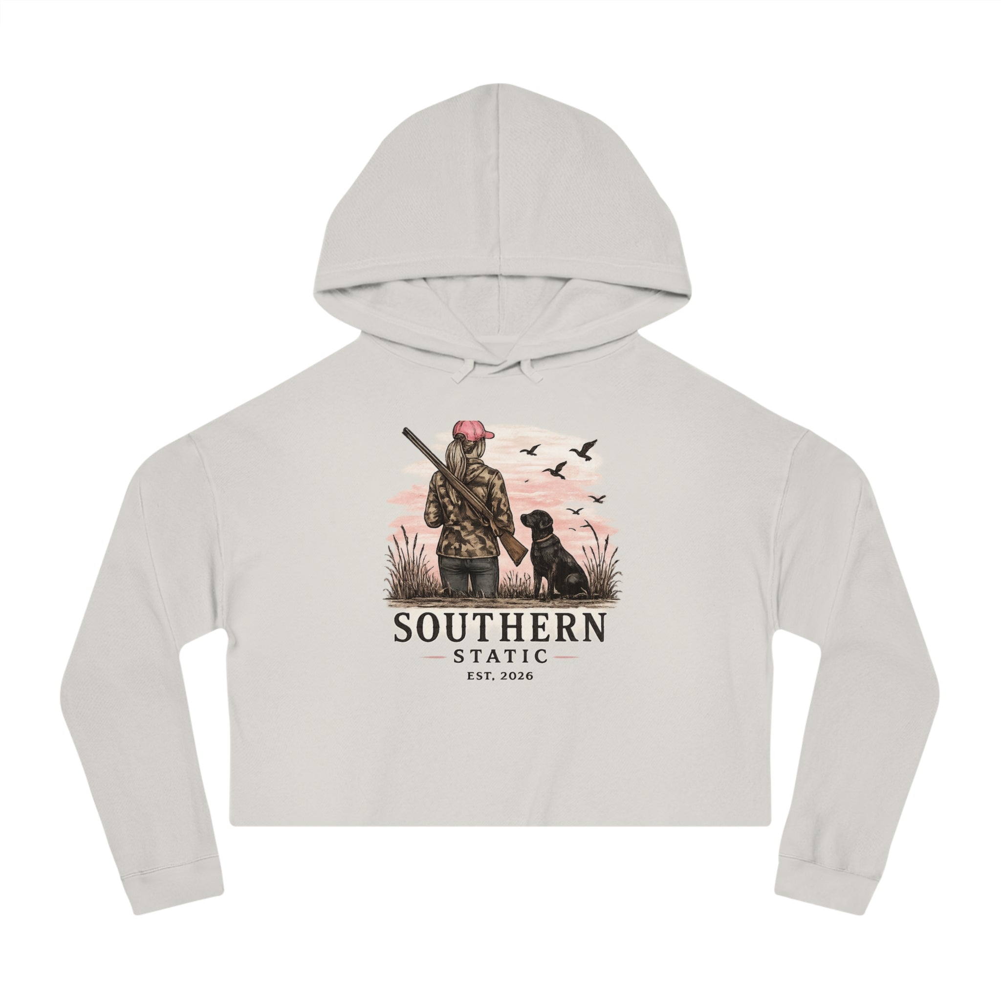 Cropped Hoodie — Southern Static Duck Hunter Graphic (Woman & Dog)