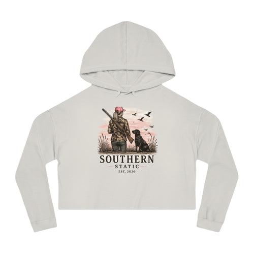 Cropped Hoodie — Southern Static Duck Hunter Graphic (Woman & Dog)