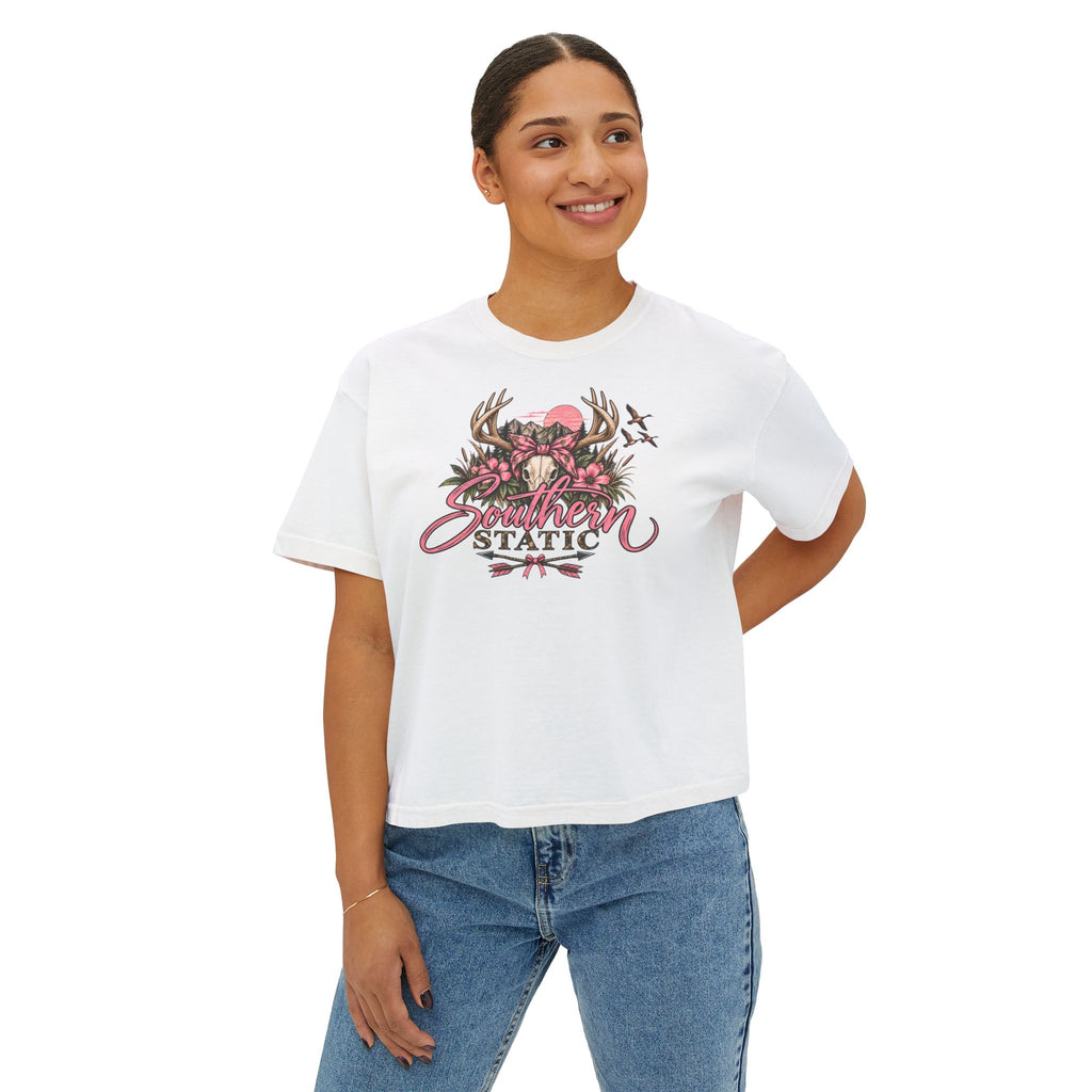 Women's Boxy Tee — Southern Static Floral Antlers Graphic
