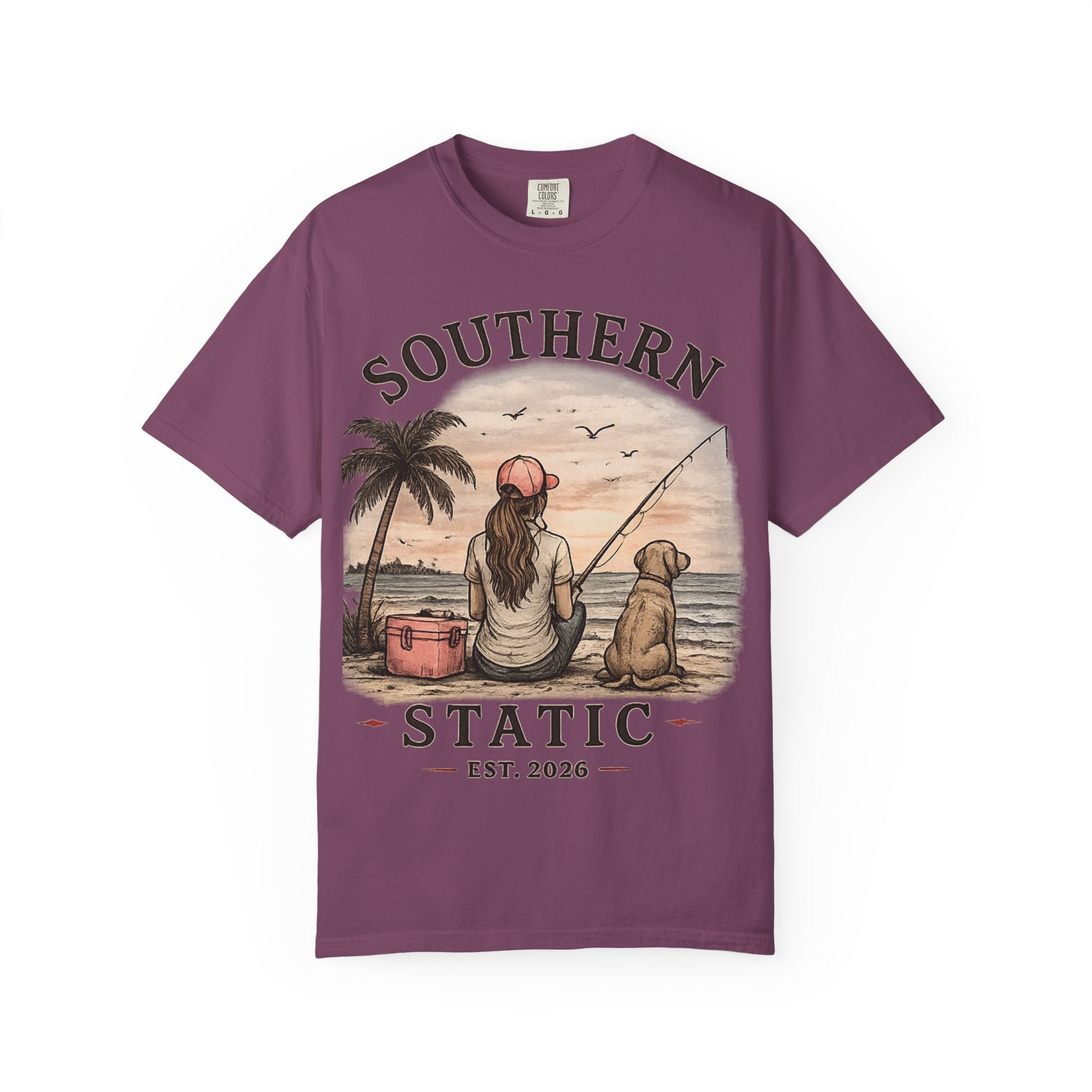 Southern Static Fishing T-Shirt — Woman & Dog Beach Sunset Tee