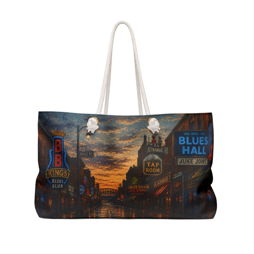 Blues District Nightscape Weekender Bag | Neon Juke Joint Street Scene