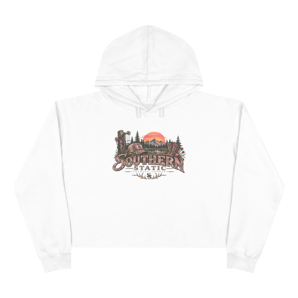 Southern Static Sunset Crop Hoodie — Scenic Mountain Forest Graphic Crop Hoodie