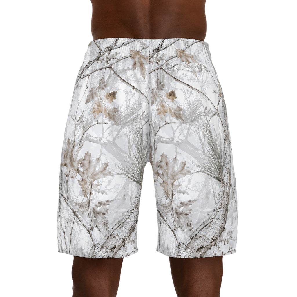 Winter Snow Camo Jogger Shorts — White Forest All-Over Print