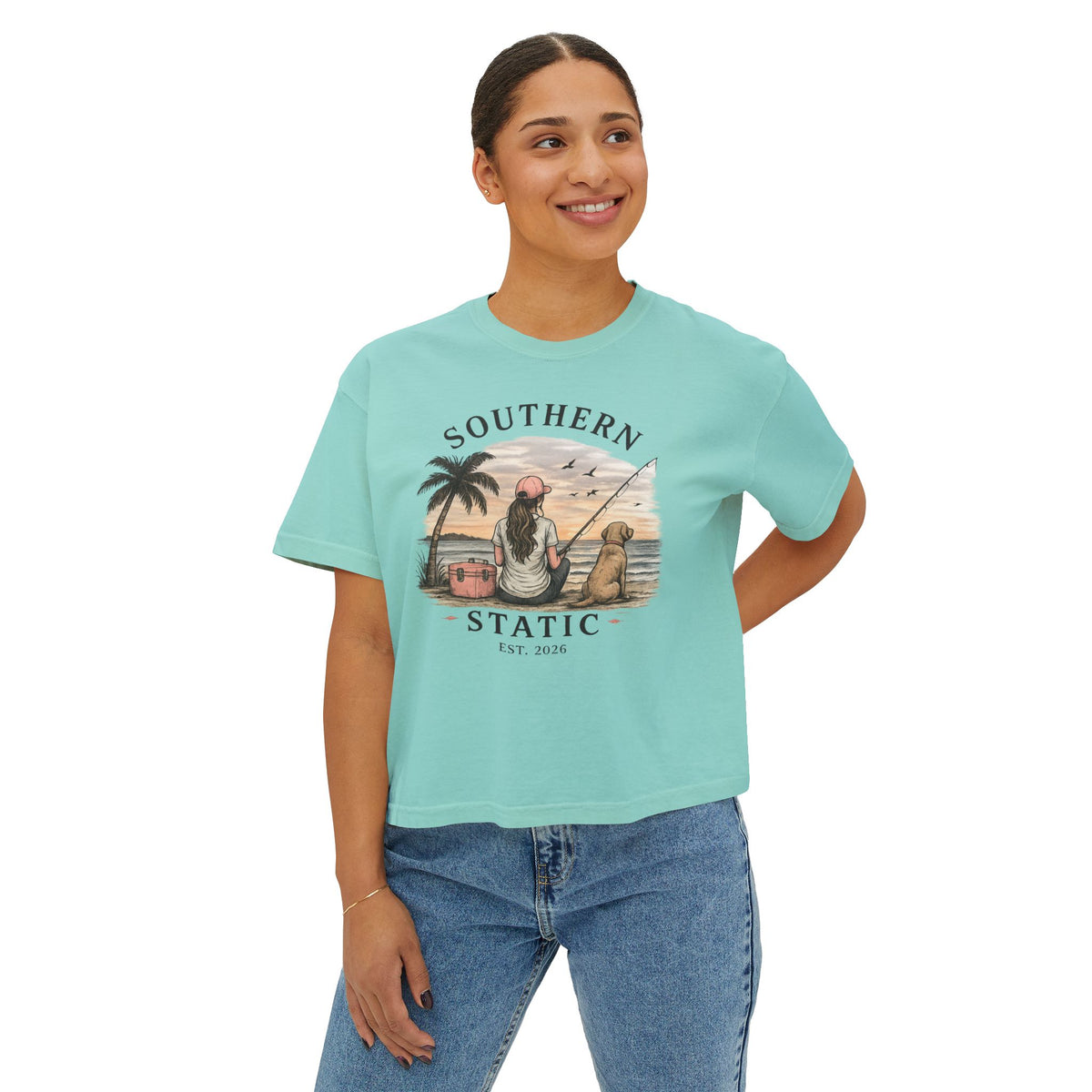 Southern Static Fishing Boxy Tee — Women's Beach Sunset Graphic T-Shirt