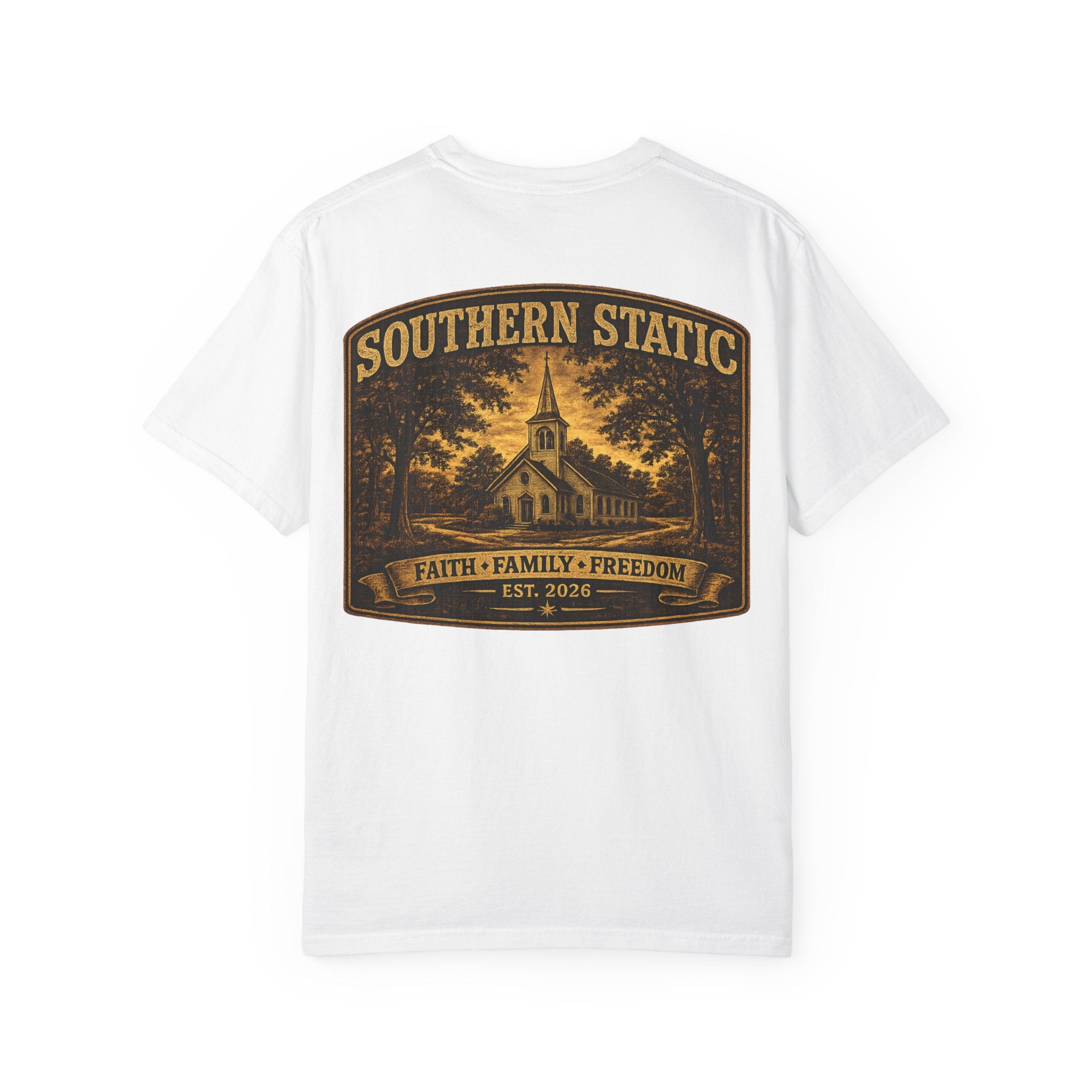 Southern Static Church Tee — Faith • Family • Freedom Graphic T‑Shirt