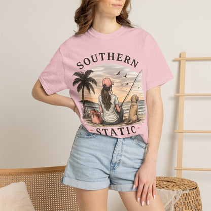 Southern Static Fishing T-Shirt — Woman & Dog Beach Sunset Tee