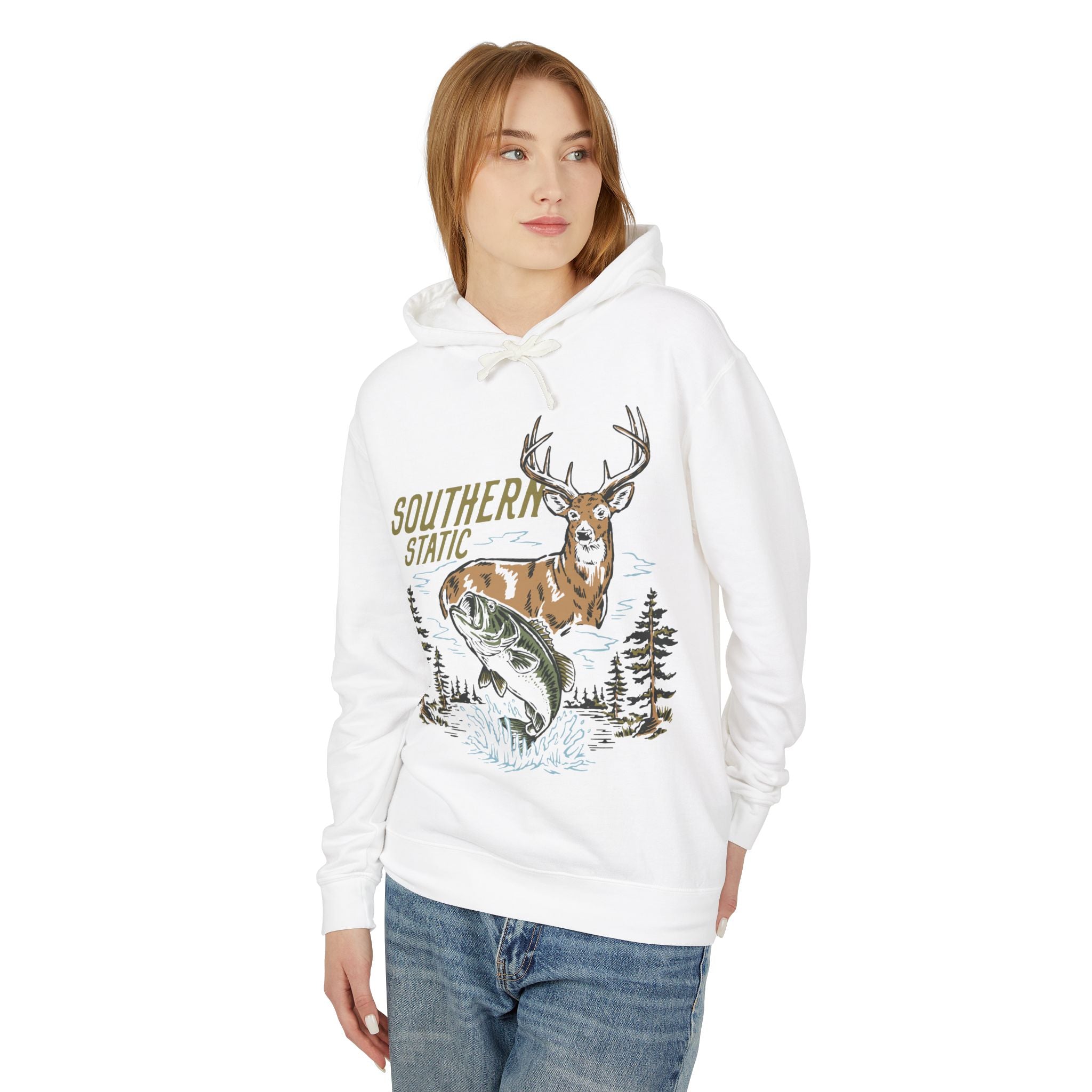 Southern Static Wildlife Hoodie — Deer & Bass Fishing Graphic