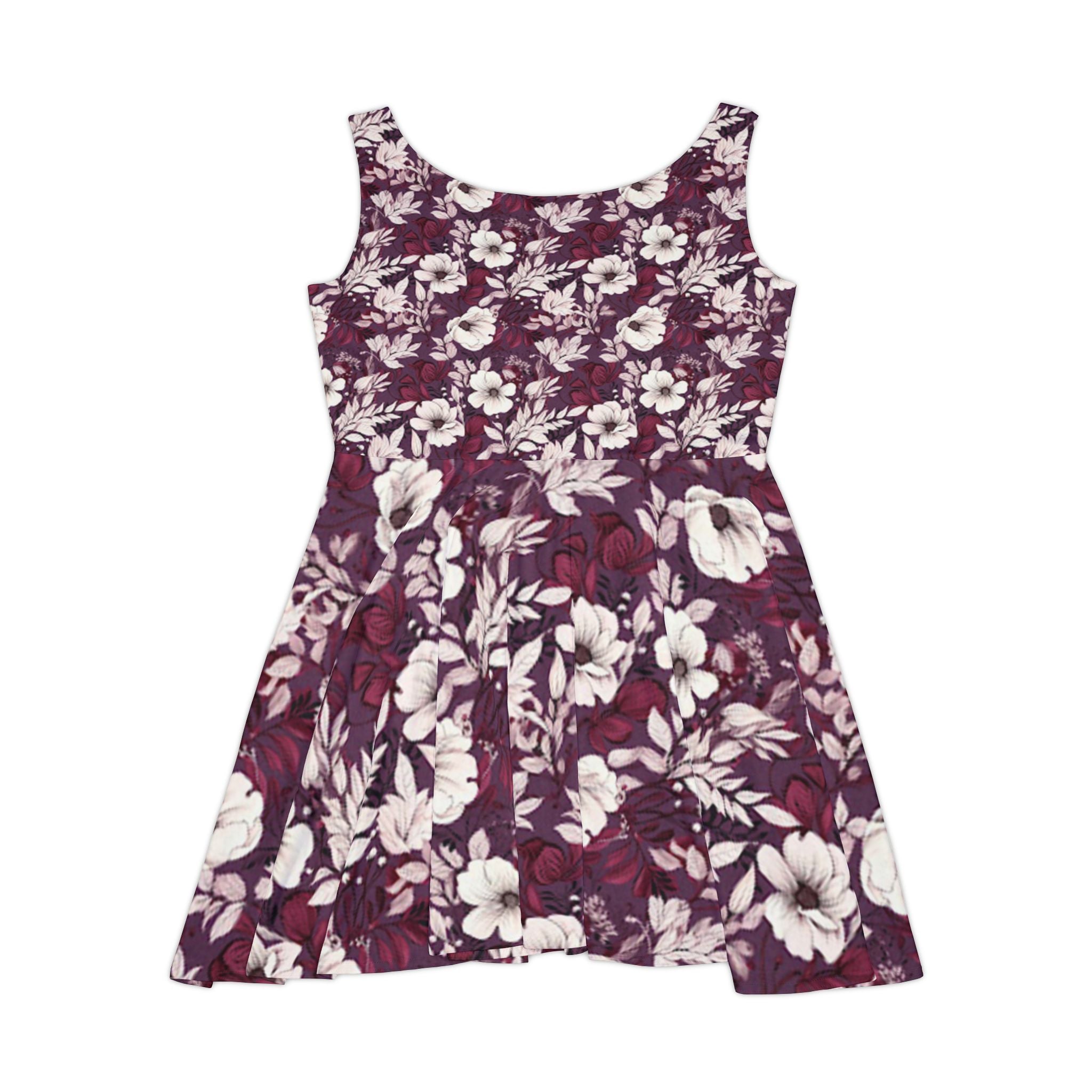 Floral Plum Skater Dress — Vintage White Hibiscus Print