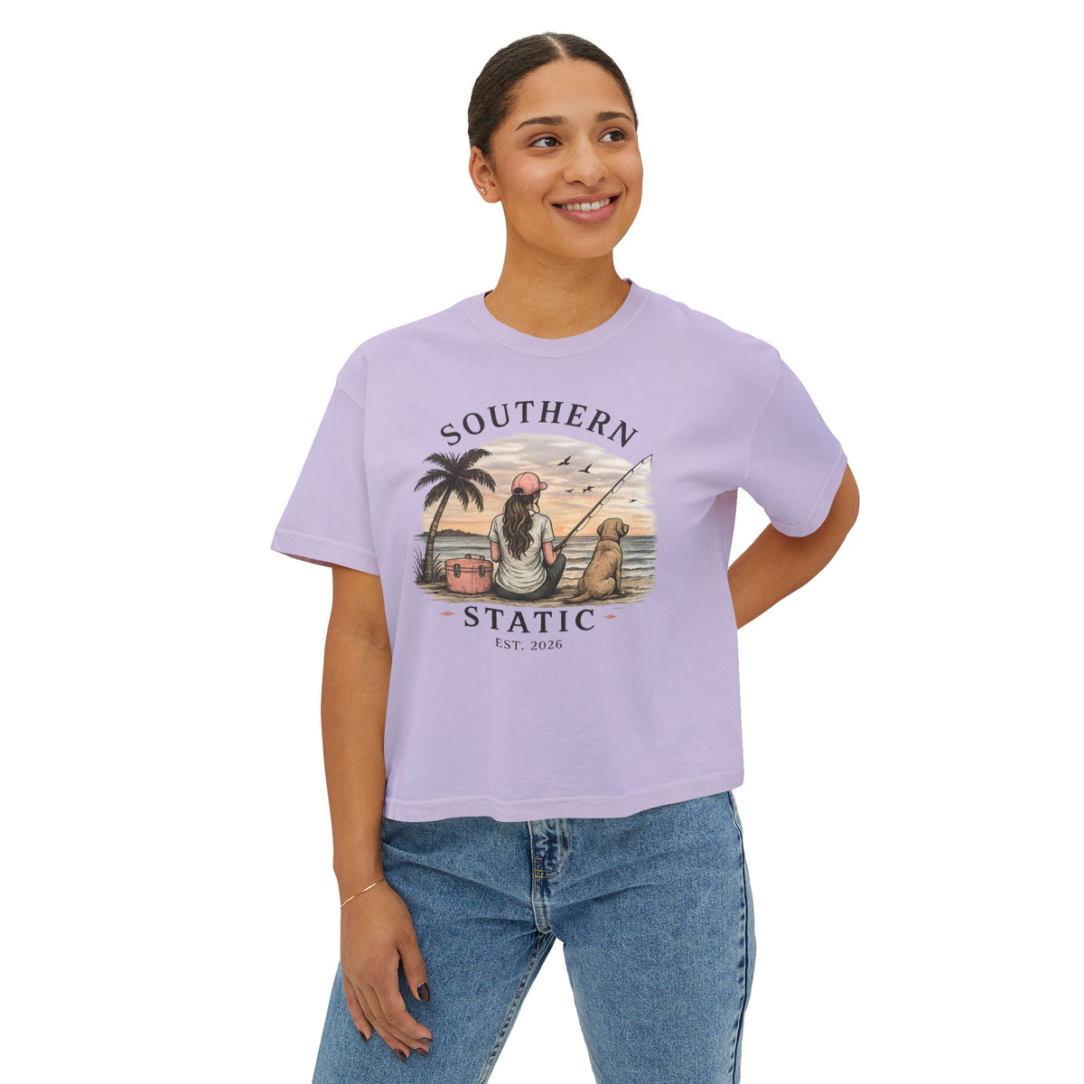 Southern Static Fishing Boxy Tee — Women's Beach Sunset Graphic T-Shirt