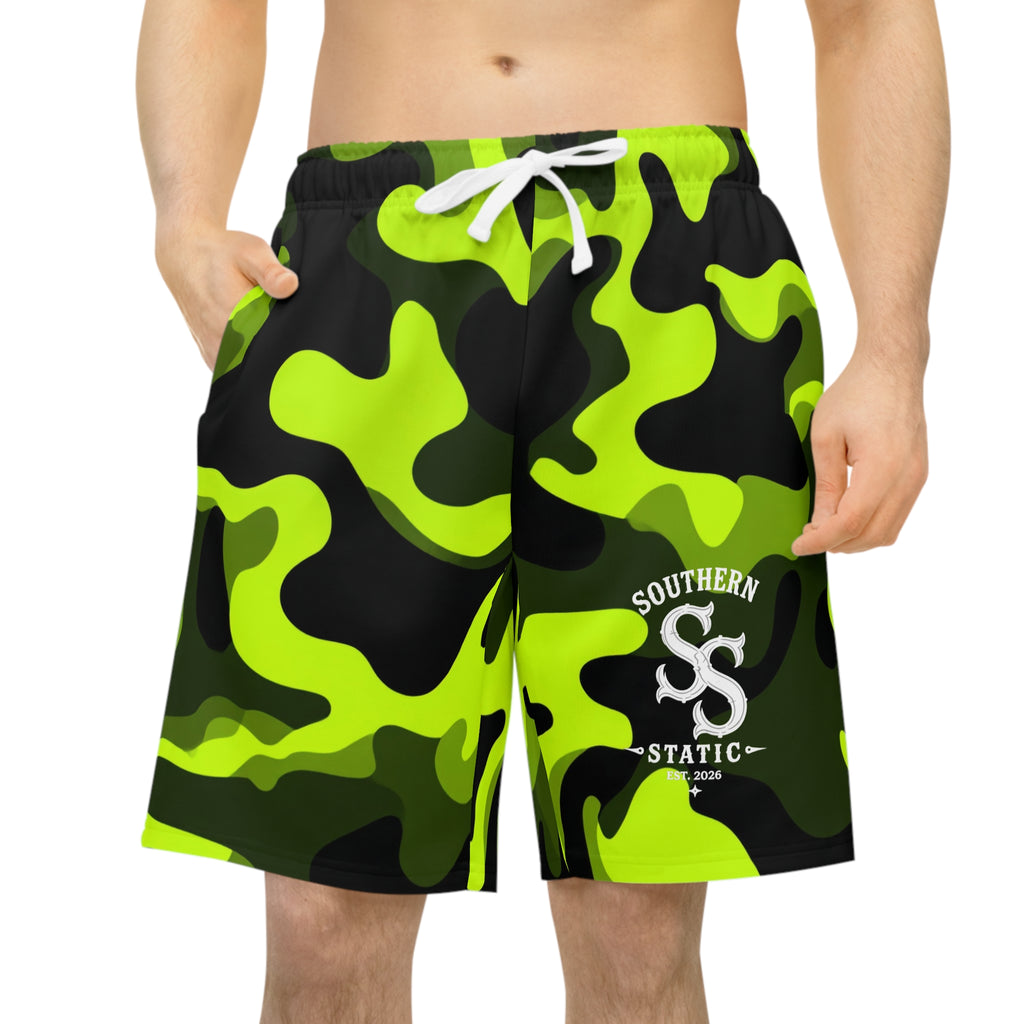 Neon Camo Athletic Shorts — High-Visibility Green Performance Trunks