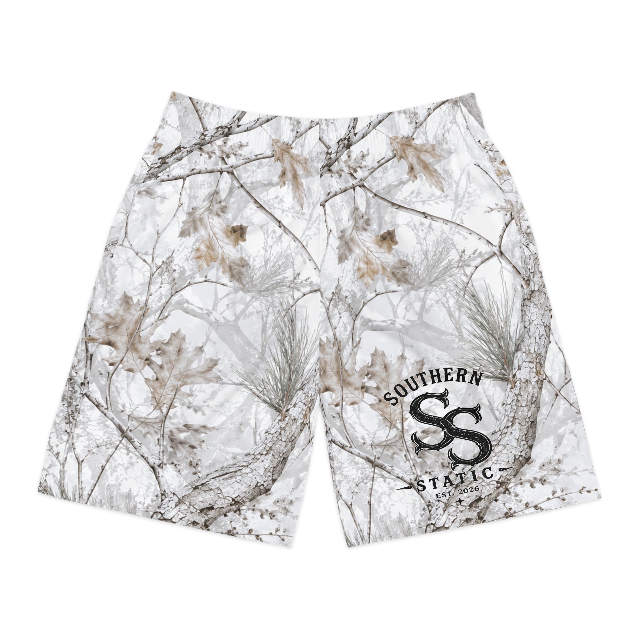 Winter Snow Camo Jogger Shorts — White Forest All-Over Print