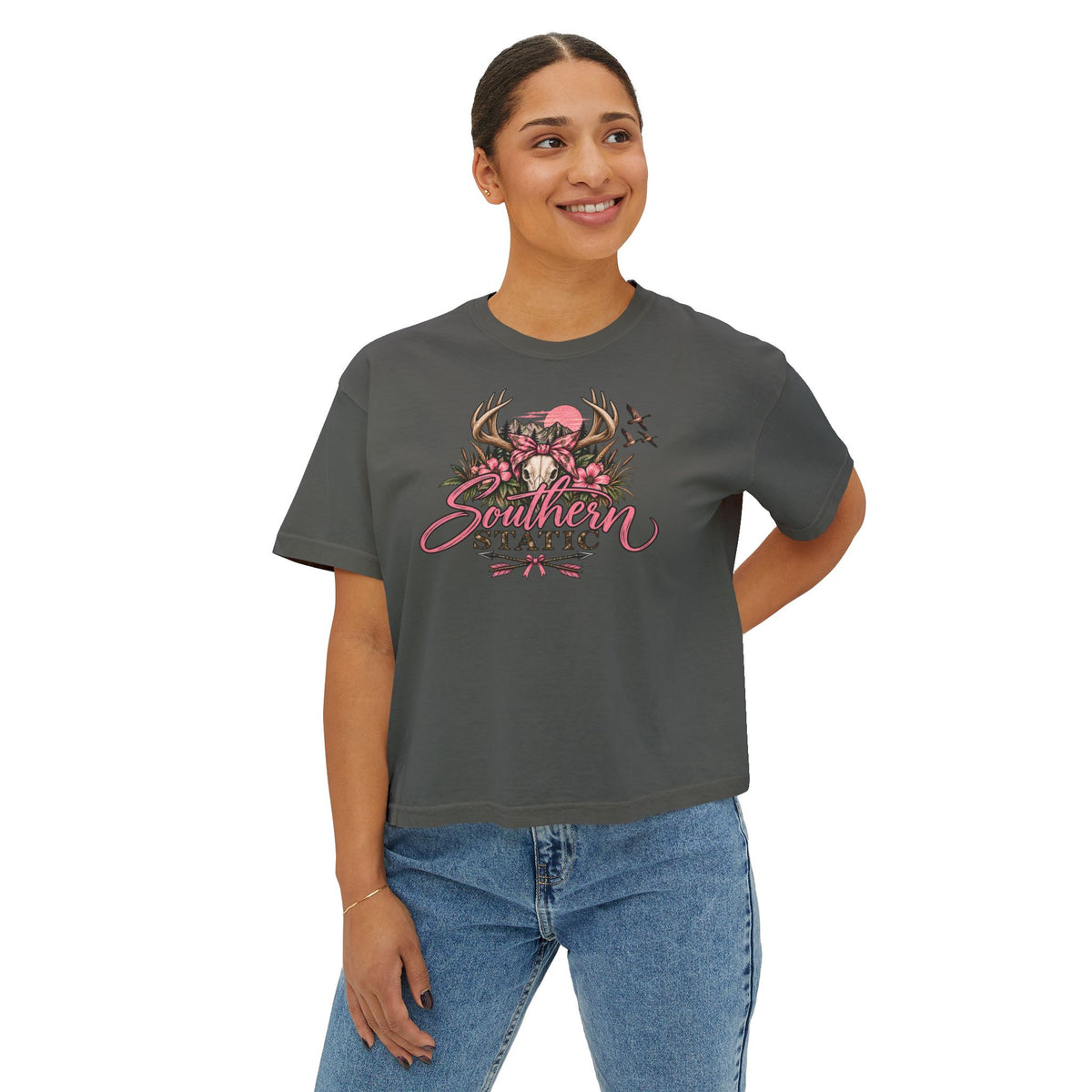 Women's Boxy Tee — Southern Static Floral Antlers Graphic