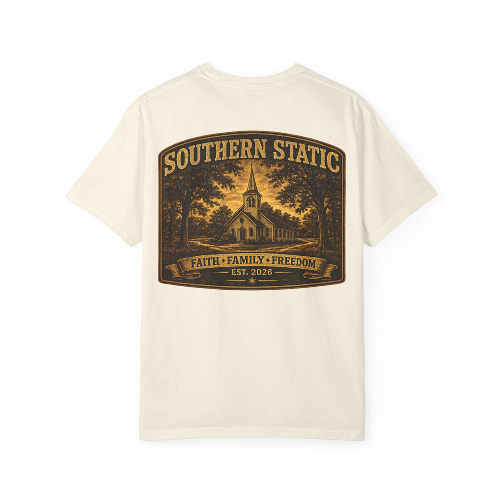 Southern Static Church Tee — Faith • Family • Freedom Graphic T‑Shirt