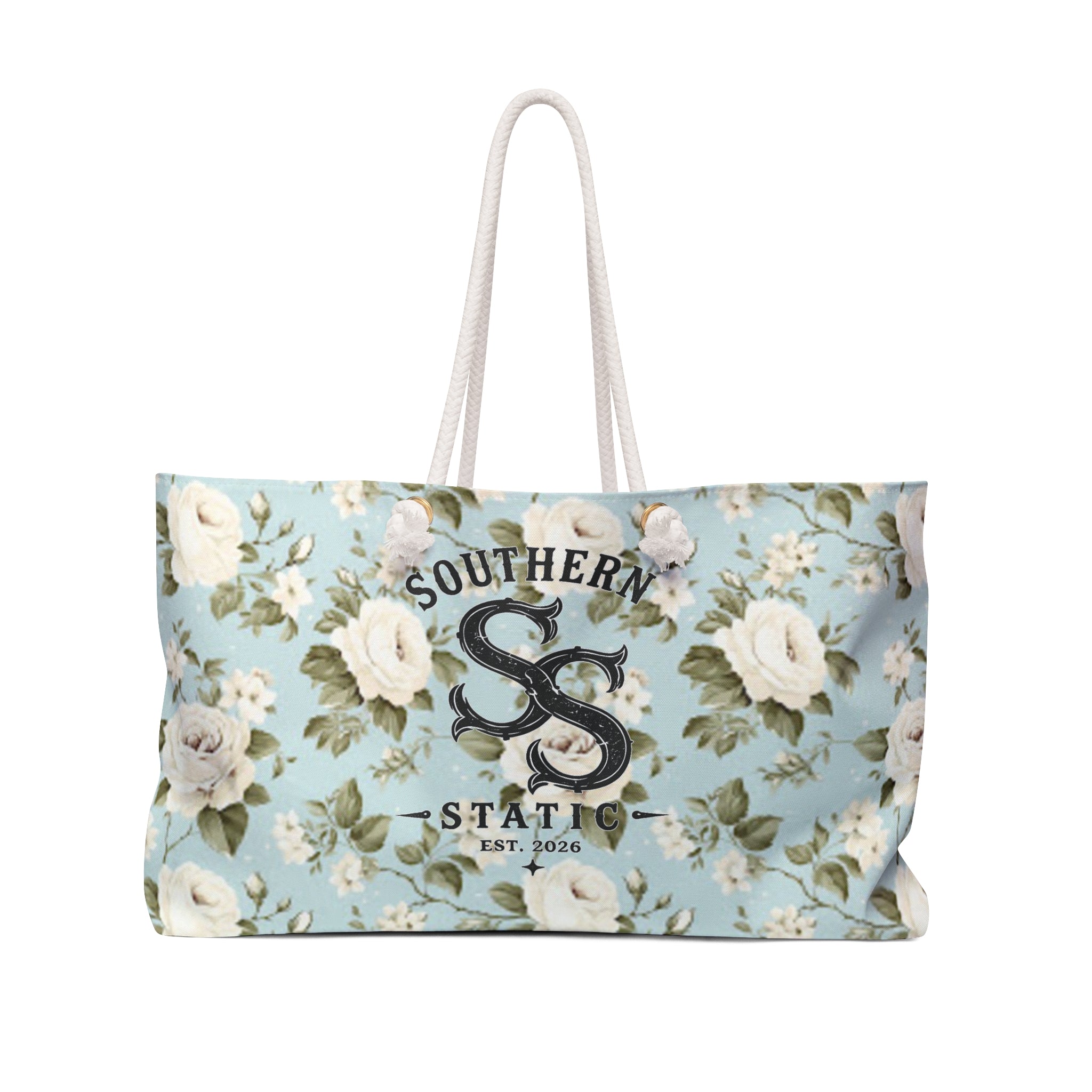 Southern Static Floral Weekender Bag — Blue Vintage Rose Travel Tote