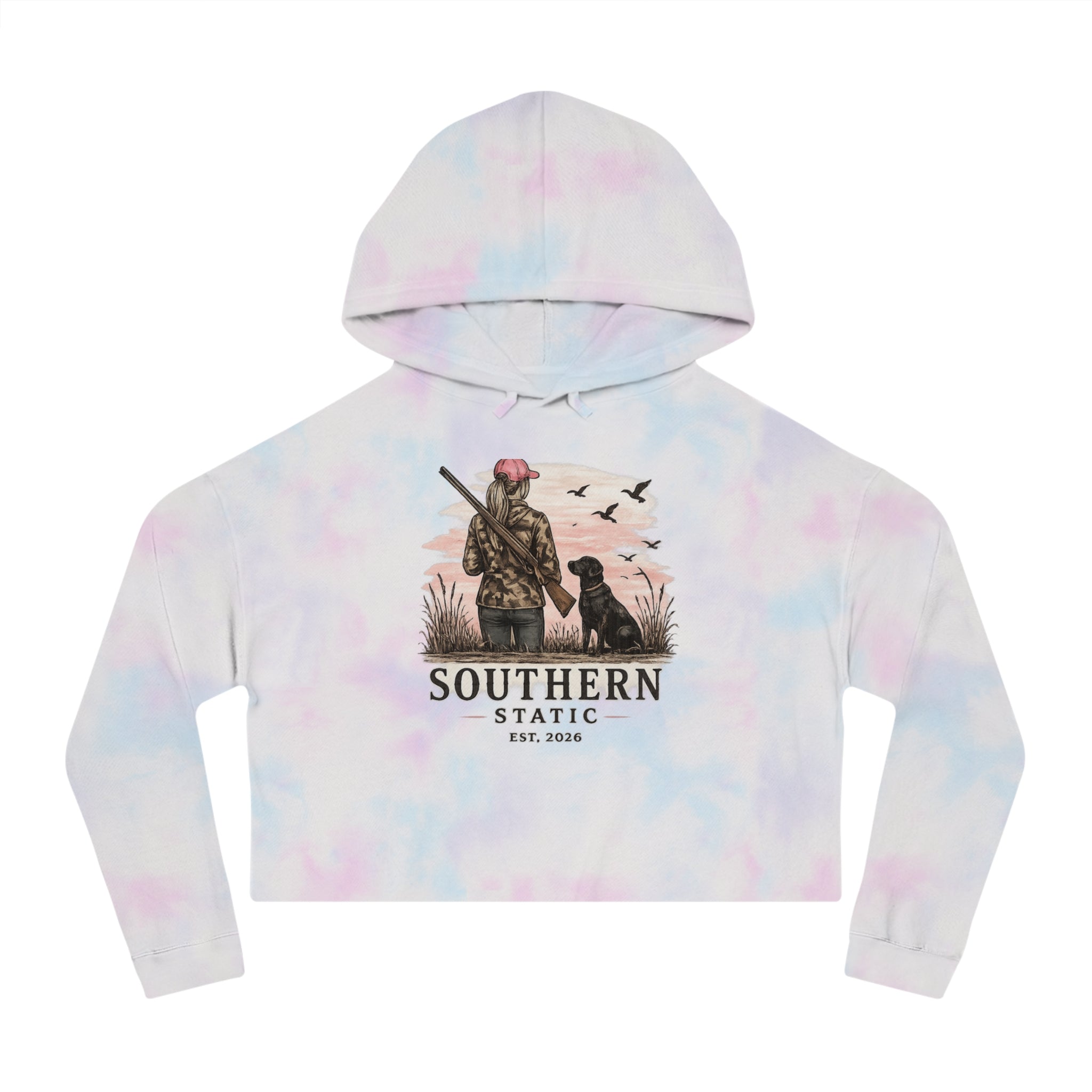 Cropped Hoodie — Southern Static Duck Hunter Graphic (Woman & Dog)