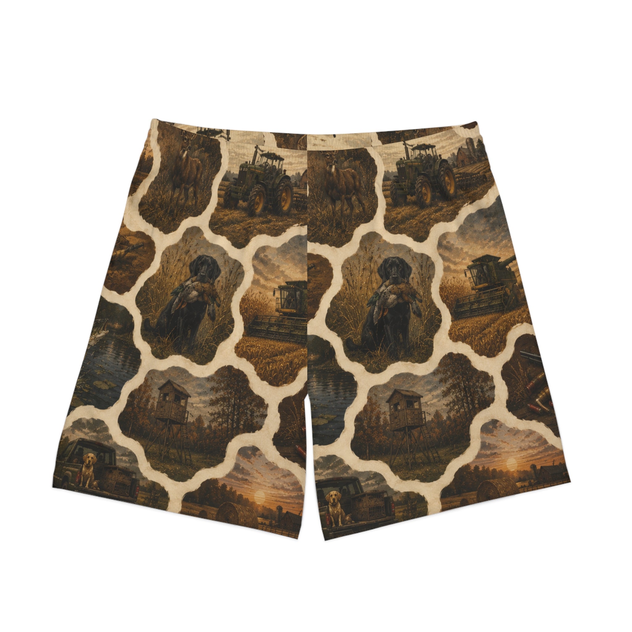 Vintage Pattern Beach Shorts — Retro Creepy Cabin & Scarecrow AOP