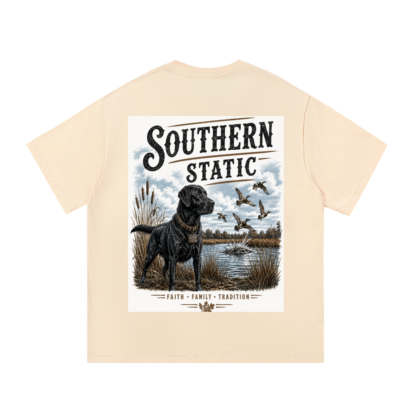 Southern Static – Faith • Family • Tradition | Black Lab Duck Hunting Graphic Tee